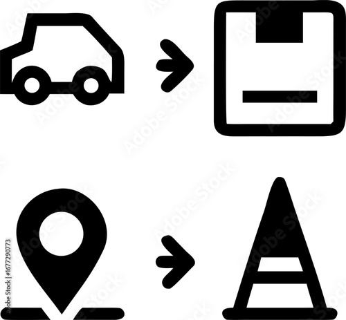 Shipping delivery process showing truck, package, location pin, and package destination concisely