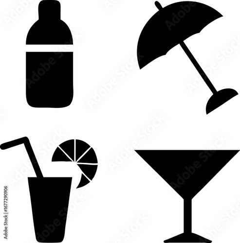 Icon set for summer cocktails and drinks evoking vacation vibes featuring a bottle, glass, umbrella, and martini