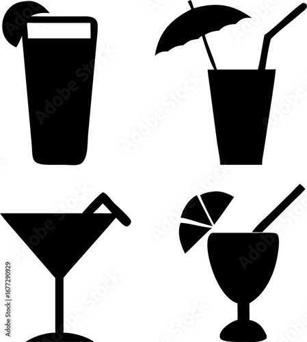 Refreshing cocktail icons for summer vacation vibes, sleek vector drink symbols for happy hour promotions