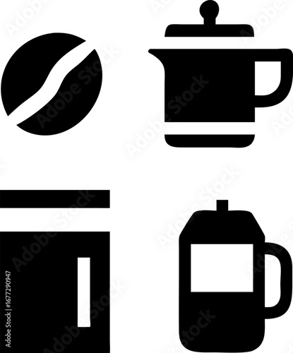 Coffee lover's set featuring bean, French press, coffee container, and modern mug ready for beverage