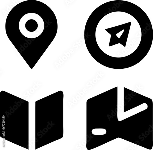 Essential navigation icons featuring map pin, compass, open book, and folded map for travel planning
