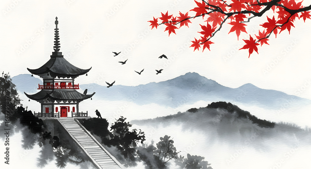 Obraz premium Watercolor landscape with layered mountains, Japanese pagoda, maple leaves, and birds conveys serenity, embodying