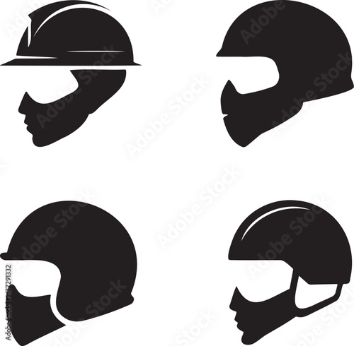 Set of Helmet Silhouettes in 2x2 Grid – Vector Icons of Safety, Motorcycle, Bicycle, and Sports Helmets on White Background