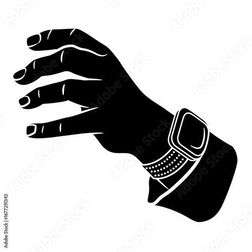 Empty male hand reaching forward in grasping gesture with wrist watch and cuff. Cartoon style. Black and white silhouette.