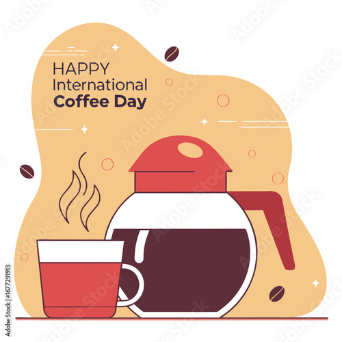 Happy International Coffee Day illustration with coffee pot and cup.