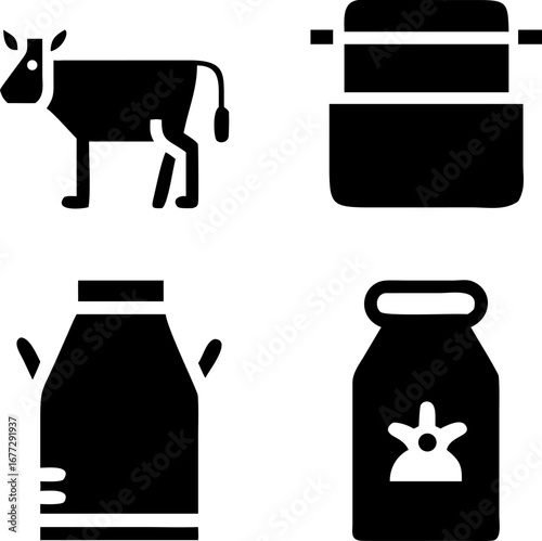 Farm fresh dairy icons showing cow, milk cans, and cheese for healthy eating and rural lifestyle themes
