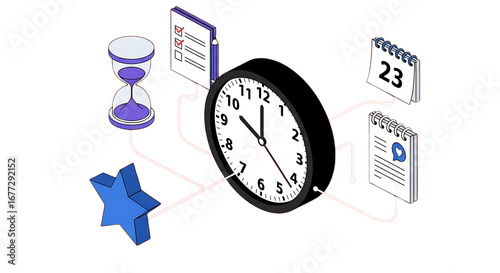 Adhd focus tools in remote work time management concept with clock, hourglass, calendar and checklist isolated on transparent background