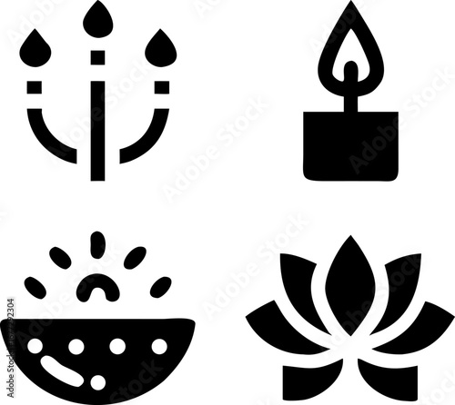 Serene spa icons featuring lotus flower, candle, and aroma bowl for relaxation and wellness