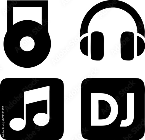 Dynamic icons for fitness music and DJing represent active lifestyle and entertainment