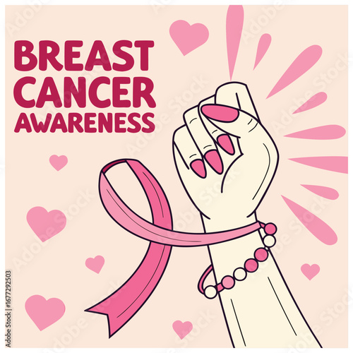 Breast cancer awareness illustration with pink ribbon and raised fist.