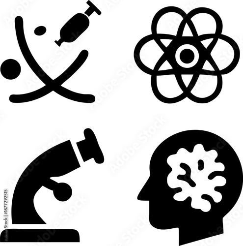 Science and innovation icons symbolizing research, discovery, and human intellect in a modern context.