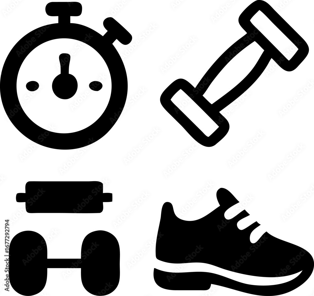 Obraz premium Achieve fitness goals with icons for stopwatch, dumbbells, and running shoe, perfect for health apps and gym branding.