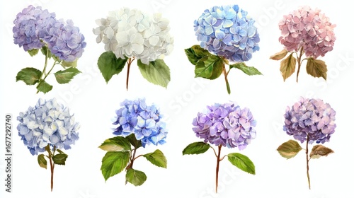 A collection of watercolor illustrations of hydrangea flowers in various colors including purple, white, and pink, each with green leaves