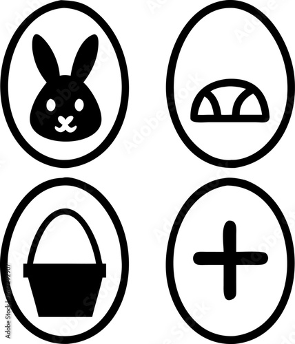 Cute Easter icons featuring a bunny, basket, egg, and plus sign for festive designs