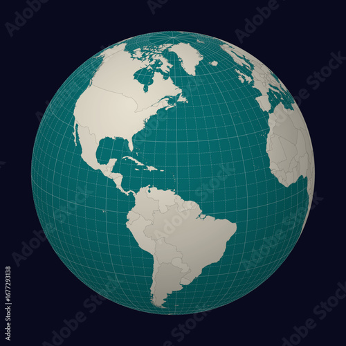 Antigua and Barbuda on the map. Globe centered to Antigua and Barbuda. Country location on the world map. Teal Pale Mint color palette. Globe with countries, meridians and parallels.
