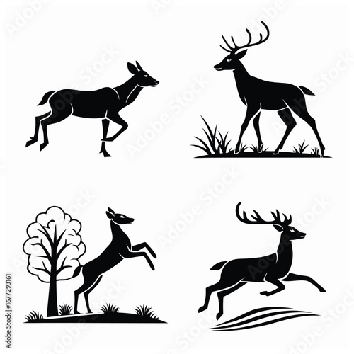 Four deer silhouettes in various poses, including running and standing.