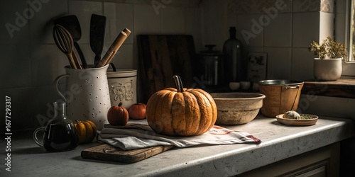 Warm ambiance fills a rustic kitchen counter adorned with fresh pumpkins and essential cooking tools, inviting creativity as dusk descends