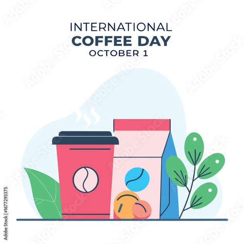 Illustration for International Coffee Day, featuring a coffee cup, beans, and a bag of coffee.