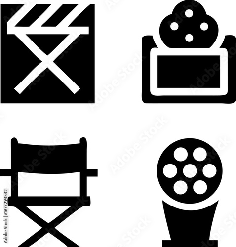 Film industry icons and symbols set for movie making, direction, and visual media