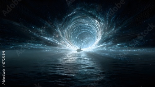 Glowing wormhole tunnel through ocean depths, featuring ghostly submarine silhouettes in an engineering marvel.
