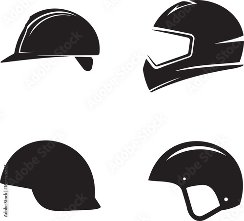 Set of Helmet Silhouettes in 2x2 Grid – Vector Icons of Safety, Motorcycle, Bicycle, and Sports Helmets on White Background