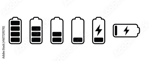 A vector set of monochrome battery charge level indicator icons. Includes full, low, empty, and charging status symbols for UI design