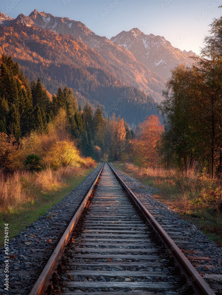 Fototapeta premium railroad tracks lead toward a mountain pass horizon during golden hour autumn trees flank the path creating a scenic journey the linear perspective of the railway suggests travel and destination