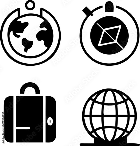 Embark on global adventures with travel icons representing exploration, navigation, and journeys worldwide.