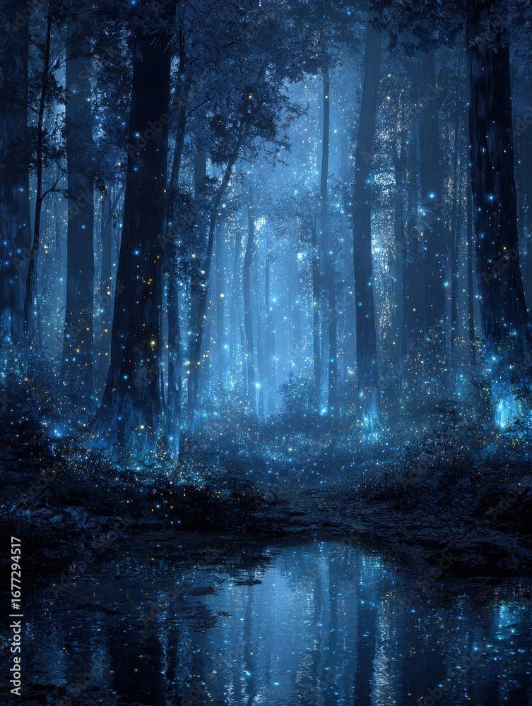 Fototapeta premium enchanted blue forest with glowing lights
