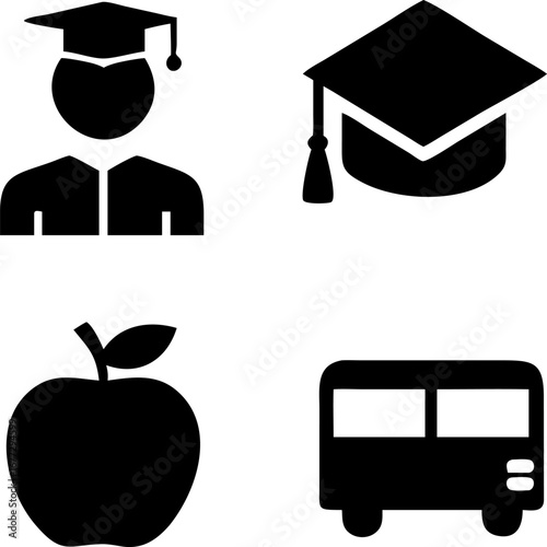Capturing the essence of education with graduation, apple, and school bus icons for learning and growth