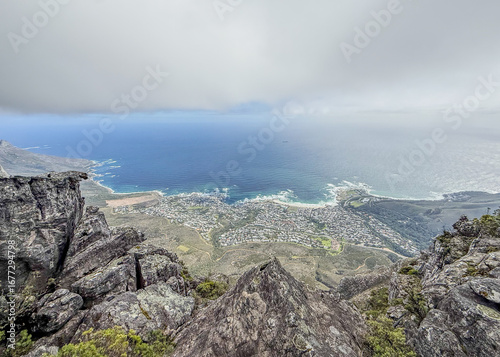 View of Camps Bay near Cape Town, South Africa from the top of Table Mountain during the day