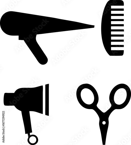 Styling essentials showcase professional hair dryer comb scissors for salon success