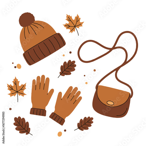 Autumnal fashion accessories flatlay: A stylish 2D flat vector illustration of beanie hat, gloves, small purse, and scattered fall leaves on a clean white background.