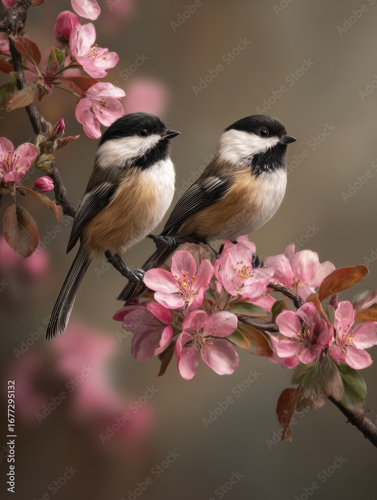 Obraz premium chickadees in spring a delicate duet among blossoms fine art illustration