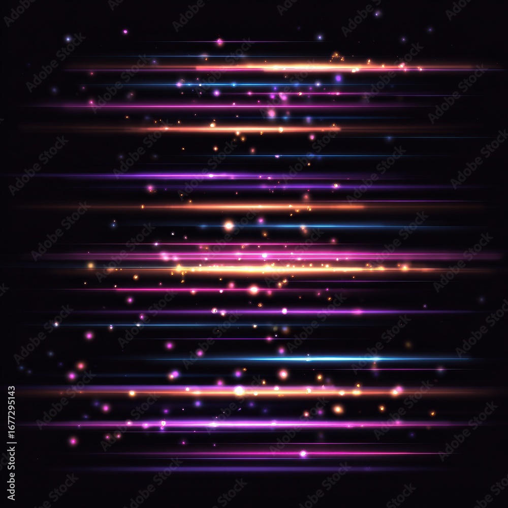 Obraz premium Dynamic Light streaks: A visual representation of speed and energy. Bright streaks of light cascade across a dark backdrop, giving a sense of motion. Capturing a striking and dynamic visual.