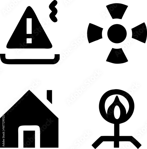 Four distinct safety and warning icons including alert, radiation, house, and fire symbols