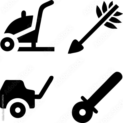 Collection of black icons featuring a lawnmower, angle grinder, and arrow with feathers