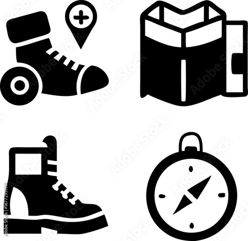 Explore your journey with hiking boots map and compass icons for adventure and travel planning