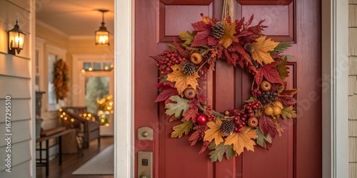Vibrant thanksgiving wreath adorning a charming red door with autumn decor in a cozy entryway