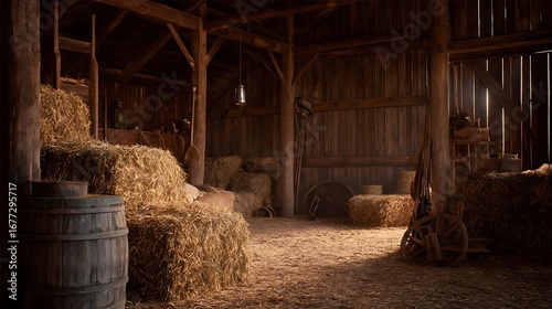 A rustic wooden barn interior, filled with hay bales, bathed in warm sunlight.