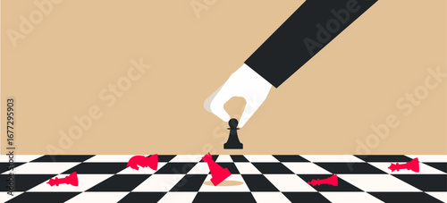 A pawn defeating every chess piece and winning the game, Strategic move in chess game illustration