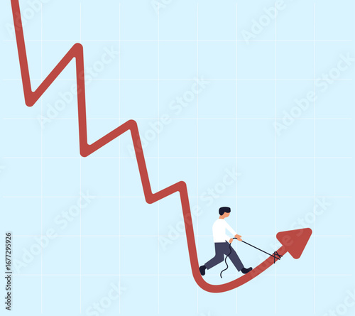 Person forcing downward trend to upward, stock market illustration