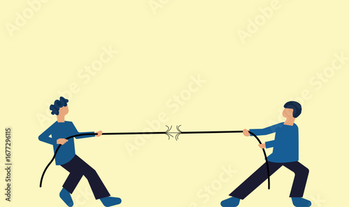 Tug war between two people, two people pulling one rope illustration