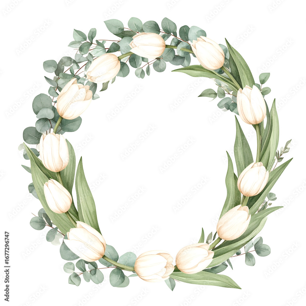 Naklejka premium Elegant Floral Wreath: A delicate and enchanting illustration showcases a meticulously crafted floral wreath. The wreath features soft, creamy tulips interspersed with verdant eucalyptus leaves.