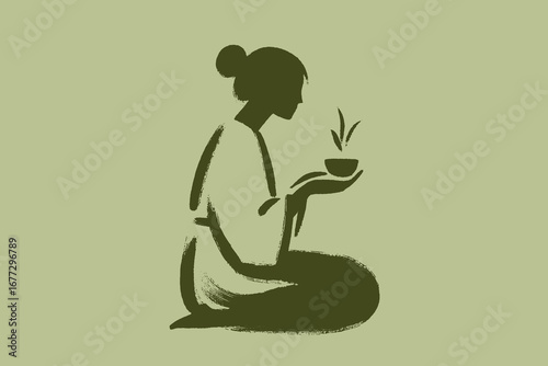 Woman tea ceremony brushstroke minimal vector illustration