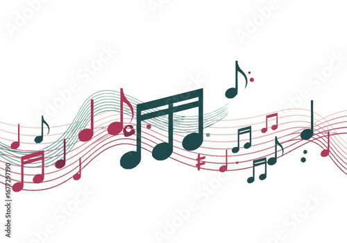 Wavy Musical Notes Design with Teal and Burgundy Accents.
