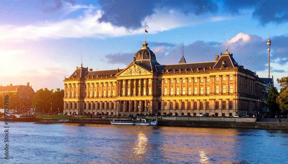 Naklejka premium Grand European building by a river at sunset
