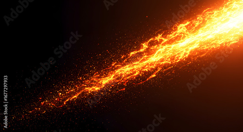 Fiery burst of energy streaks across a dark expanse creating a dramatic visual effect with sparkling particle trails
