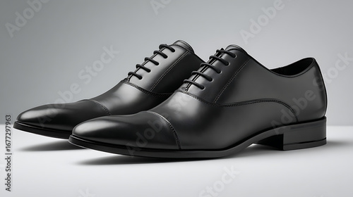 A pair of elegant black leather dress shoes, showcasing their formal style and shiny surface in a studio shot, perfect for mens fashion and professional wear