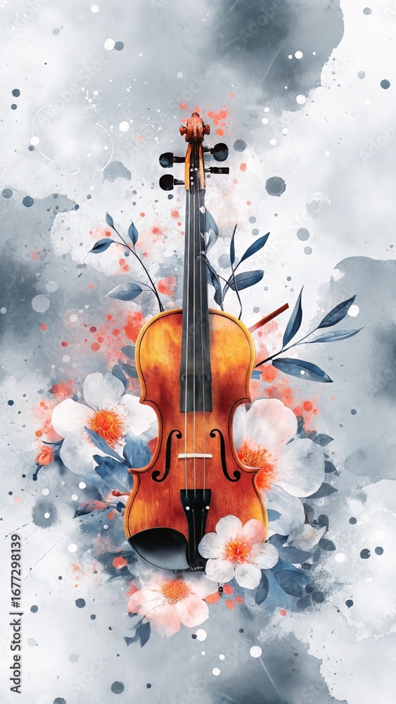 Fototapeta premium Vibrant Watercolor Violin with Floral Background